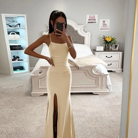 Sexy Spaghetti Strap Satin Maxi Dress High Split Ruched Fishtail Slim Fit Evening Party Formal Clubwear For Women