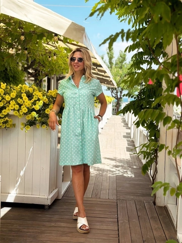 Vestido Camisero De Lunares Mujer Manga Corta Con Botones Informal Verano Midi Vestido Playero Poliéster Cuello Polo Verde Menta