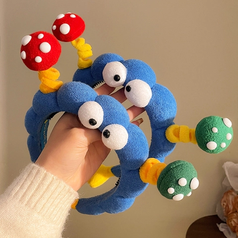 Cerchietto In Peluche Mostro Divertente Blu Occhi Grandi Fungo Molla Cartone Animato Simpatico Accessorio Per Capelli Donna Ragazza