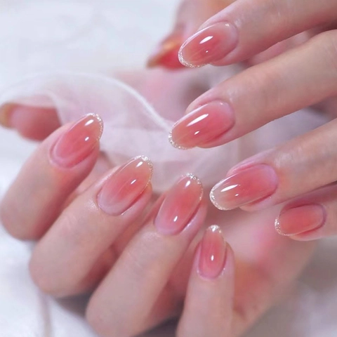 Oval Aufklebbare Nägel Französisch Rouge Ombre Rosa Glänzend Mit Silbernem Glitzer Maniküre Künstliche Falsche Nägel