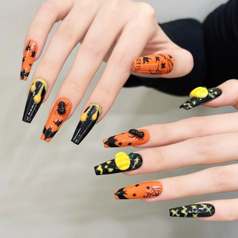 Halloween Press On Nails 3D Pumpkin Spider Coffin Long Fake Nails Hand Painted Black Orange Festive For Women