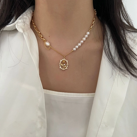 Joyas de Cobre Diseño de Palacio Europeo Chapado en Oro 18K con Colgante de Rosa y Perla de Agua Dulce Collar Pulsera Mujer