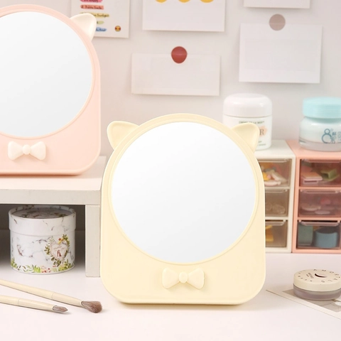 Specchio Trucco Orecchie Gatto Decorazione Fiocco Pieghevole Regolabile Specchio Da Scrivania Con Contenitore Posteriore Tondo HD