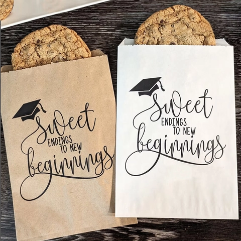 Abschluss Thema Papier Geschenktüten Sweet Endings To New Beginnings Druck Kraft Weiß Süßigkeiten Tüten Für Party