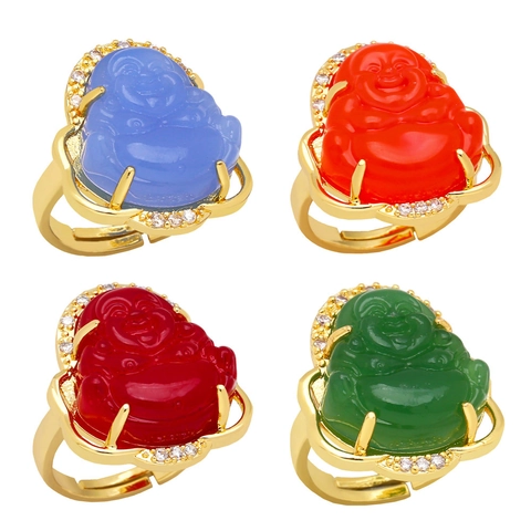 Maitreya Buddha Ring Gold Plated Copper With Zircon And Glass Adjustable Ethnic Style Vintage Jewelry For Women