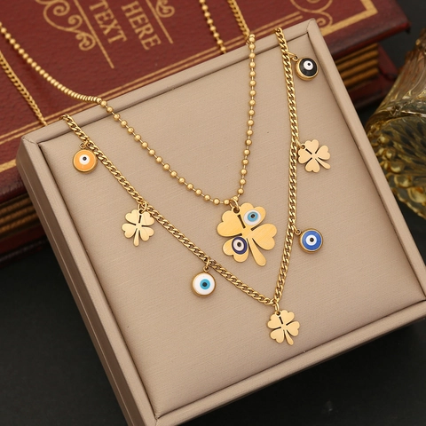 Collana A Doppio Strato In Acciaio Inossidabile Placcato Oro Con Ciondoli Malocchio Cuore E Albero Della Vita