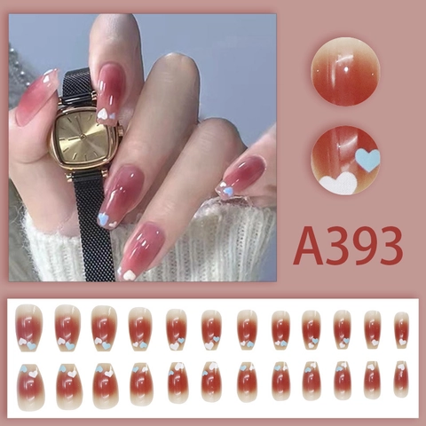Ballerina Press On Nägel Lang Rotbraun Verlauf Herzmuster Jelly Textur Süß Elegant Kleber Stil Künstliche Nägel