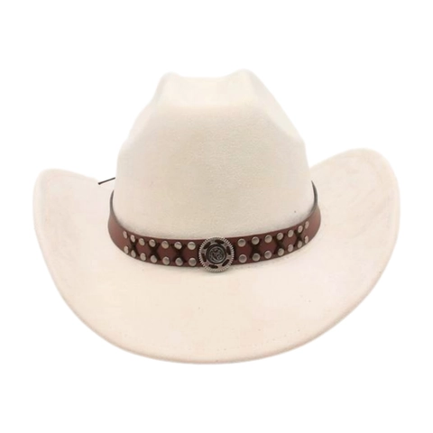 Chapeau De Cow-boy Western Rétro Daim Feutre Large Bord Jazz Fedora Avec Bande Cuir Rivets Et Badge Métal Concho