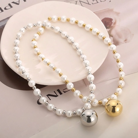 Collana In Acciaio Inossidabile Con Perla Artificial Sintetica E Grande Pendente A Sfera Cava Catena Elegante Stile Francese Donna