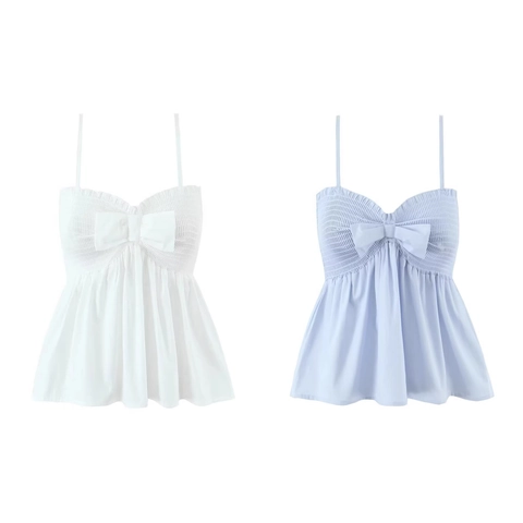 Damen Camisole Top Baumwollmischung Bowknot Gesmokt Rüschensaum Ärmellos Verstellbare Träger Lässig