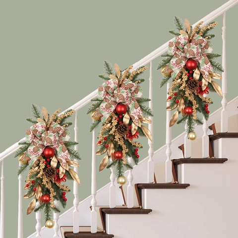 Artificial Christmas Wreath Garland Swag Red Gold Ornaments Poinsettia Flowers Pine Cones Bow Door Staircase Hanging Decor