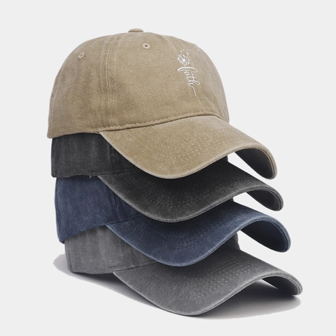 Washed Cotton Baseball Cap Faith Dandelion Embroidery Vintage Dad Hat Adjustable Sun Protection Outdoor Men Women