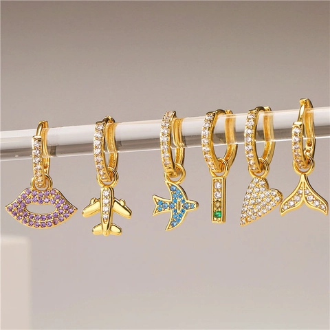 Drop Hoop Earrings Brass 18K Gold Plated Zircon Pendant Airplane Heart Lip Bird Fish Tail Charm Jewelry For Women