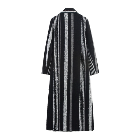 Abrigo Largo Para Mujer Rayas Verticales Doble Botonadura Solapa Tweed Boucle Estilo Holgado Británico Otoño Invierno
