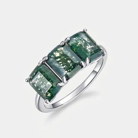 Anello In Argento Sterling 925 Con Agata Muschiata Verde Naturale Pietre Rettangolare Gioielli Vintage Donna