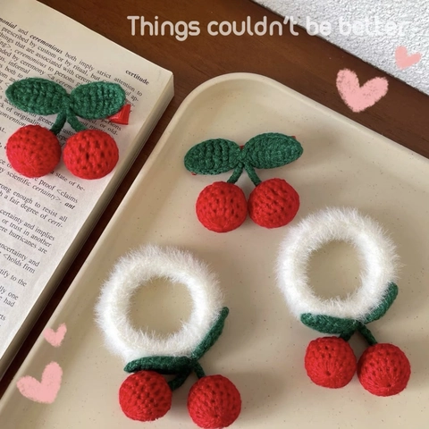 Handmade Crocheted Cherry Hair Clips And Plush Hair Ties Knitted Woolen Yarn Sweet Cute Fruit Accessories For Girls Women
