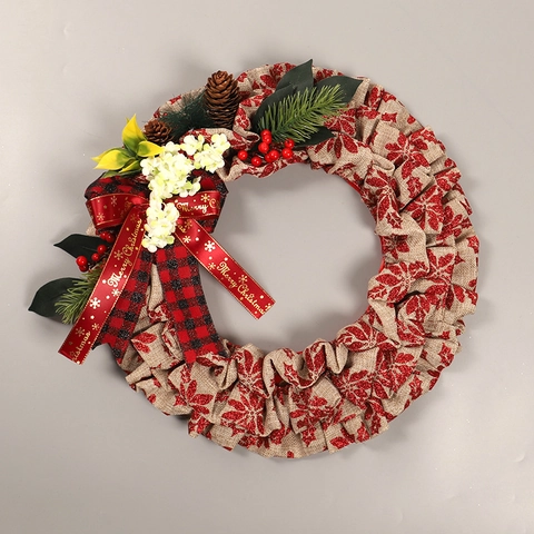 Corona Di Natale Decorazione Pigne Artificiali Bacche Rosse Quadri Iuta Fiocco Porta Parete Sospesa Ornamento