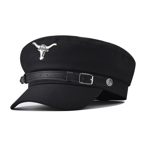 Bull Head Metal Decor Military Cap Vintage Fiddler Hat With PU Leather Band Cotton Blend Flat Top Beret Women Casual
