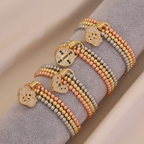 Unisex Beaded Bracelet Copper Zircon Pave Heart Lock Pendant Hamsa Hand Jewelry Gold Silver Rose Gold Plated Fashion