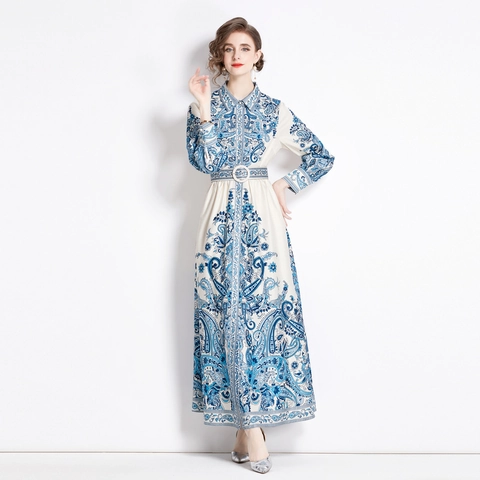 Paisley Print Chiffon Maxi Jurk Dames Lange Mouwen Reverskraag Knoopsluiting Elegant Retro Overhemdjurk Met Riem