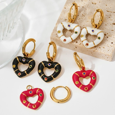 Herz Hoop Ohrringe Edelstahl Emaille Bunte Zirkonia Einlage Süß Cool Modischer Schmuck Für Damen