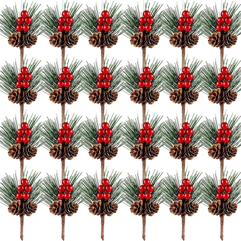 Artificial Christmas Pine Pick With Red Berries And Pine Cones For DIY Wreath Garland Holiday Party Decor Novelty