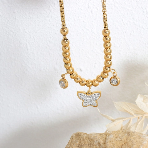 Bracciale Con Perline Farfalla Minimalista Acciaio Al Titanio Zircone Intarsiato Gioielli Regolabili Accessorio Moda Per Donna