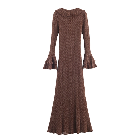 Sexy Damen Bodycon Maxikleid Strick Spitze Durchbrochen Rüschen V-Ausschnitt Schnürung Trompetenärmel Kaffee Elegant