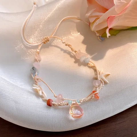 Gevlochten Armband Met Natuursteen Chips Zeester Bedeltje Druppel Hanger Verstelbaar Boheems Strandstijl Voor Dames