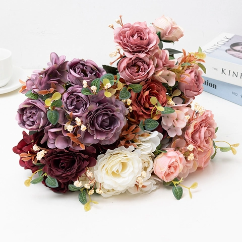 Artificial Rose Flower Bouquet Satin Cloth Home Table Decoration Wedding Party Faux Floral Arrangement Hibiscus Simulation Decor