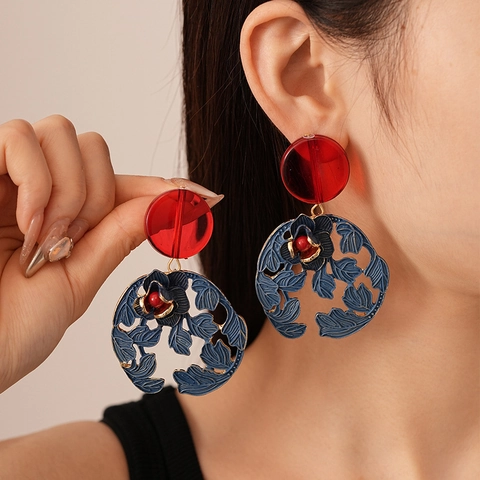 Orecchini Pendenti A Fiore Retro Lega Resina Laccato Design Cavo Con Perno In Argento Sterling 925 Geometrici Rosso Blu