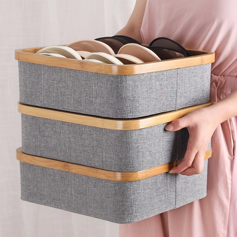 Japanese Style Underwear Storage Box With Bamboo Frame Fabric Multi Compartment Sock Organizer Drawer Divider Stackable
