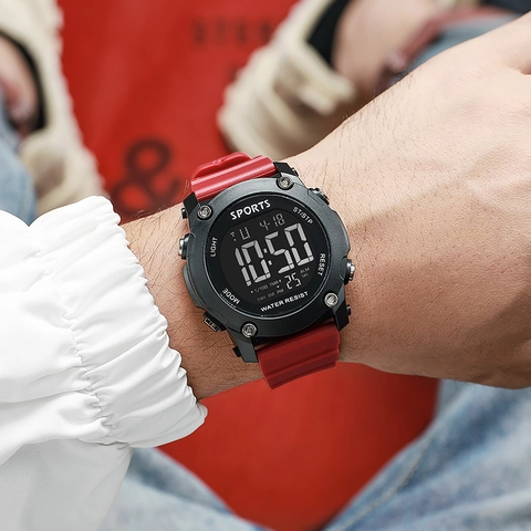 Men Digital Sports Watch Waterproof Outdoor Trendy Silicone Strap LED Light Multifunctional Street Style For Teenagers