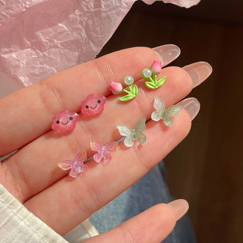 Cute Mixed Stud Earrings Colorful Flowers Butterfly Heart Shaped With 925 Sterling Silver Earring Post Sweet Alloy Resin Jewelry For Women Girls