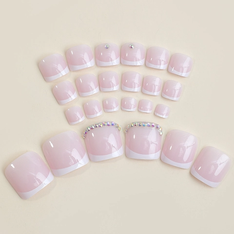 Unghie Finte Piedi French Bianco Press On Rosa Trasparente Lucido Con Decorazione Strass Lima E Colla Gelatina Per Donne