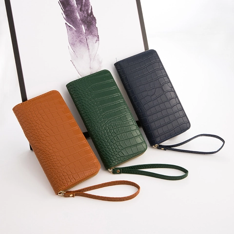 Portafoglio Lungo Motivo Coccodrillo Pelle PU Pochette Cerniera Cinturino Porta Carte Borsellino Cellulare Grande Capacità Regalo