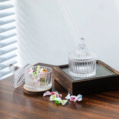 European Glass Candy Jar With Lid Ribbed Embossed Clear Storage Bowl For Sugar Jewelry Snacks Home Decor Elegant Ornament