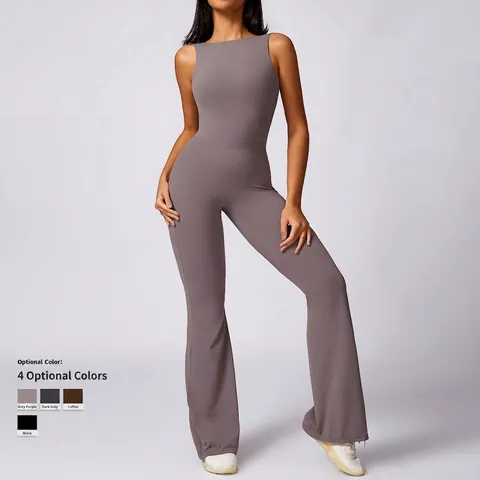 Women Sleeveless Backless Yoga Jumpsuit Flare Leg Nylon Spandex Butt Lifting Ruched Gym Athletic Bodysuit