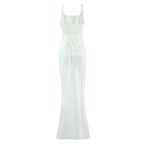 Satin Long Evening Dress Square Neck Sleeveless Backless Lace Up Ruched Slim Fit Elegant Sexy Party Gown For Women