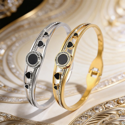 Mode Edelstahl Herz Armreif Für Damen Elegant Emaille Schwarz Inlaid Strass Offen Armband Schmuck Geschenk