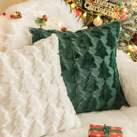 Housse De Coussin De Noël Peluche Brodée Douce 3D Sapin De Noël Flocon De Neige Renne Coussin Pour Canapé Maison