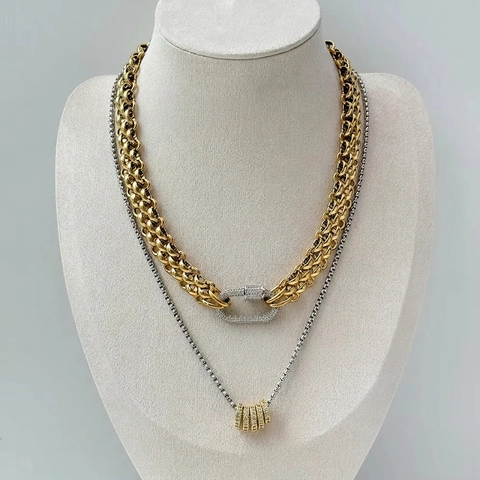 Hip Hop Chunky Chain Necklace 18K Gold Plated Stainless Steel Woven Necklace Brass Pave Zirconia Carabiner Clasp Jewelry Gift Women