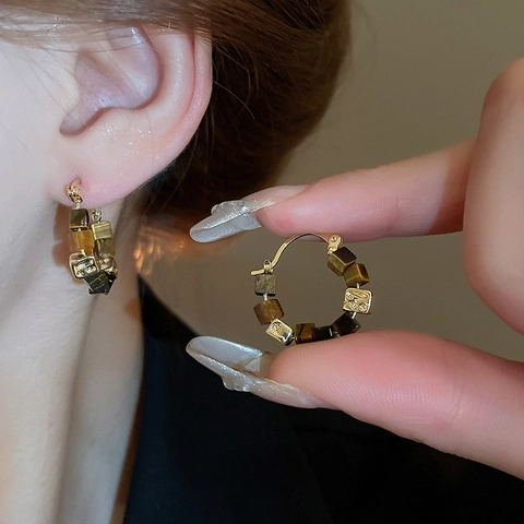 Vintage Vierkante Tijgeroog Steen Hoop Oorbellen Verguld Geometrisch Met Zilveren Oorsteker Retro Voor Dames