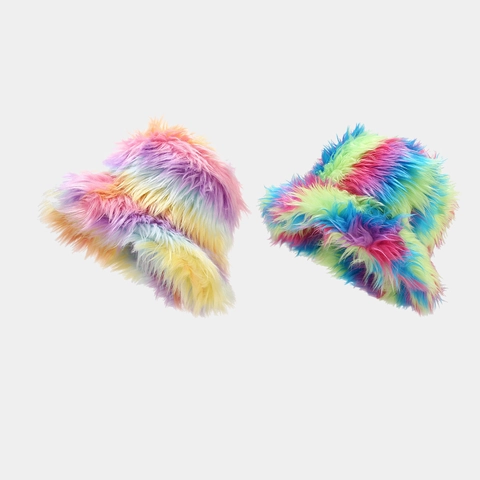 Rainbow Faux Fur Bucket Hat Winter Warm Colorful Long Plush Gradient Basin Sun Hat For Women Trendy Outdoor Accessories