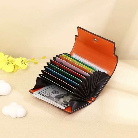 Women PU Leather Card Holder Wallet Multi Slots Accordion Design Metal Button Closure Contrast Color Retro Small Purse