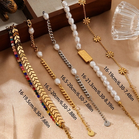 Stainless Steel Artificial Pearl Bracelet Women INS Style Gold Plated Daisy Flower Double Layer Rhinestone 11-11 Engraved Elegant