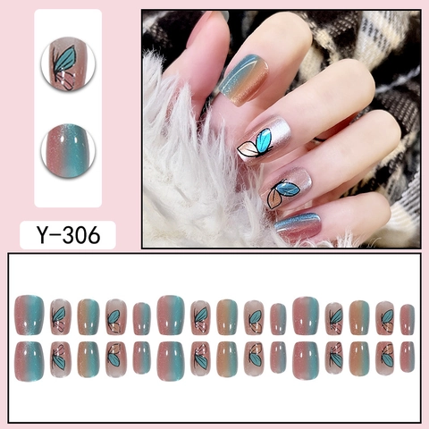 Faux Ongles Press On Dégradé Bleu Rose Motif Papillon Pailleté Effet Oeil De Chat Courts Carrés
