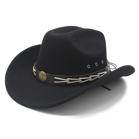 Western Cowboy Hat Retro Ethnic Wide Brim Cotton Polyester Felt Fedora With Leather Belt Sun Metal Buckle For Men Women