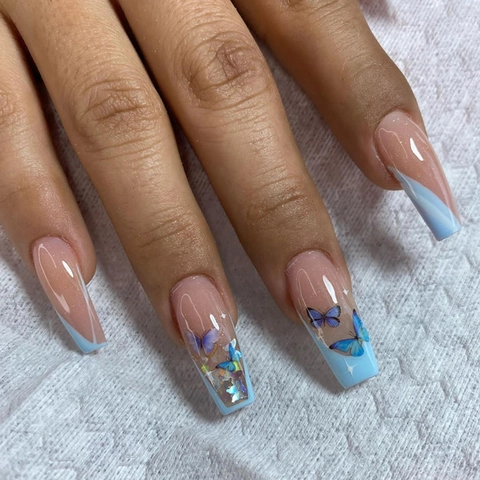 Uñas Postizas Largas De Ataúd Punta En V Francesa Azul Claro Patrón De Mariposa Brillo Reutilizable Para Mujeres