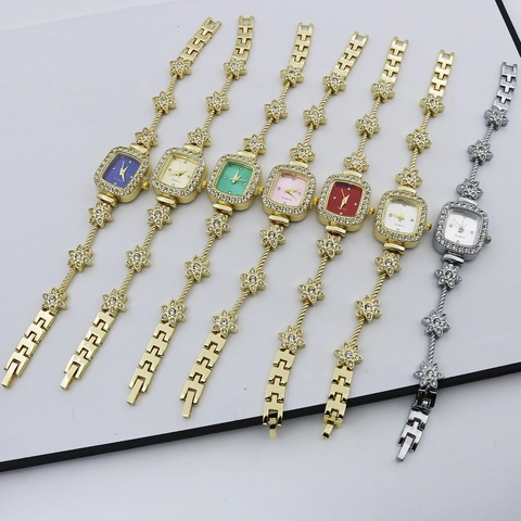 Elegant Women Quartz Watch Square Dial Alloy Rhinestone Encrusted Flower Bracelet Fashion Luxury Wristwatch